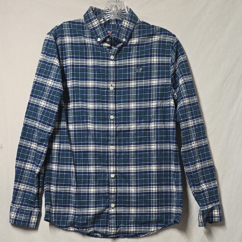 Vineyard Vines Navy and White Plaid Cotton Shirt Large (16)